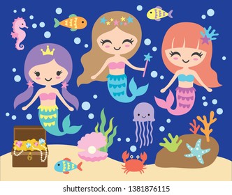 Vector illustration of cute little mermaid under the sea with fishes, jellyfish, seahorse, crab, and shell.