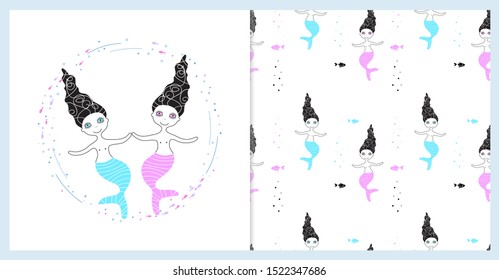 Vector illustration of a cute little mermaid. Greeting  card and seamless pattern.