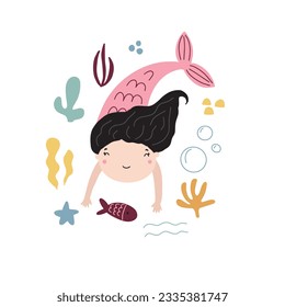 Vector illustration of a cute little mermaid surrounded by nautical elements for your design.