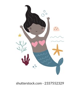Vector illustration of a cute little mermaid surrounded by nautical elements for your design.