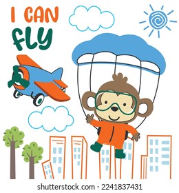 Imagen vectorial de un mono lindo volando con un paracaídas. con estilo de dibujos animados. Fondo infantil vectorial creativo para tela textil, papel tapiz de vivero, afiche, tarjeta, ilustración vectorial
