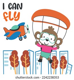 Vector illustration of a cute little monkey flying with a parachute. with cartoon style. Creative vector childish background for fabric textile, nursery wallpaper, poster, card, vector illustration
