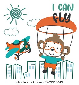 Vector illustration of a cute little monkey flying with a parachute. with cartoon style. Creative vector childish background for fabric textile, nursery wallpaper, poster, card, vector illustration