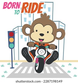 Ilustración vectorial de la linda moto mona de paseo. Fondo infantil vectorial creativo para tela, textil, papel tapiz, afiche, tarjeta, folleto. y otra decoración.