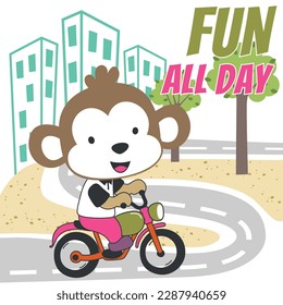 Vector illustration of cute little monkey ride motorcycle. Creative vector childish background for fabric, textile, nursery wallpaper, poster, card, brochure. and other decoration.