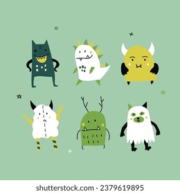 Vector illustration with cute little monsters on green background. Design elements set.