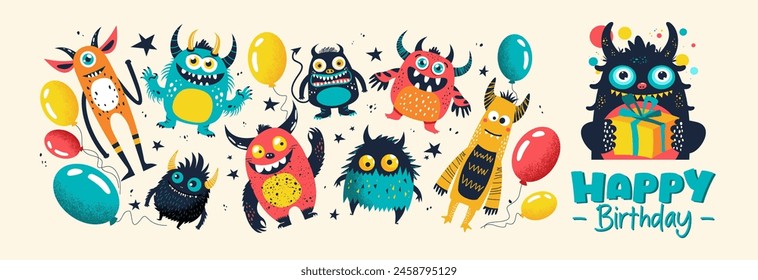 Vector illustration with cute little monsters, gift and balloons. Holliday, party, vacation, happy birthday. Vector templates for card, poster, flyer, banner and other
