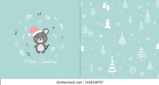 Vector illustration of a cute little mouse and seamless pattern with trees. Cute animals illustration