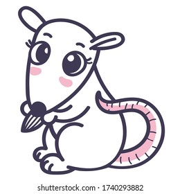 Vector illustration of a cute little mouse or rat. Children's funny character with big eyes. The mouse sits and eats a seed. For use for children's products.