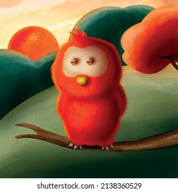 Vector illustration of a cute little owl at sunset
