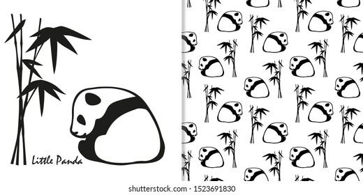 Vector illustration of a cute little panda. Greeting  card and seamless pattern.