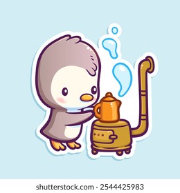 Vector illustration with cute little penguin boils a kettle on the stove isolated on white. Funny cartoon character for sticker design.