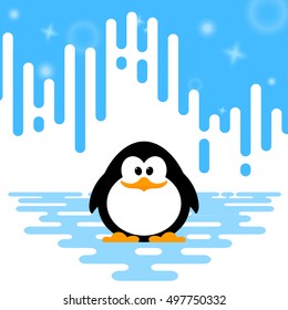 Vector illustration of a cute little penguin  on winter abstract striped background.