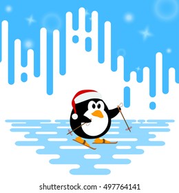 Vector illustration of a cute little penguin ski winter on an abstract striped background. Winter sport