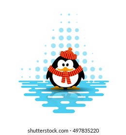 Vector illustration of a cute little penguin wearing a hat and a scarf on an abstract background. Cartoon style