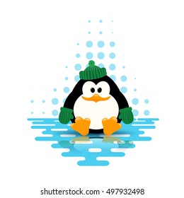 Vector illustration of a cute little penguin in a green hat and scarf with reflection on the ice on an abstract background. Cartoon style