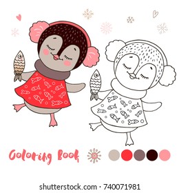 Vector illustration of cute little penguin girl in red dress with ear muffs and fish in cartoon style, linear drawing. Black and white, colorful images, be used for coloring book.