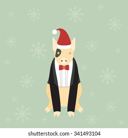Vector illustration of a cute little pig in a dinner jacket. Christmas background.