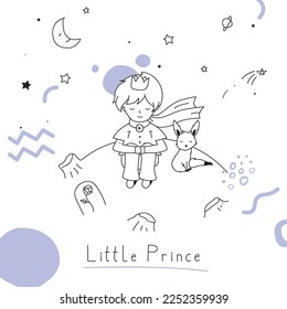 Vector illustration with cute little prince and fox standing on moon. Fairytale kids' elements on background with cartoon characters and handwritten text 'Little prince'. Magical poster coloring book.