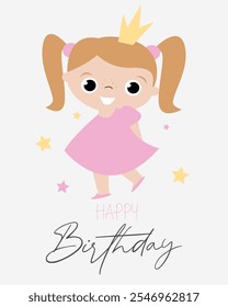 Vector illustration of cute little princess. Vector cute children birthday card with little girl 