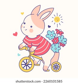 Vector illustration of a cute little rabbit on bicycle with flowers. Adorable spring print, spring gardening card or sticker.