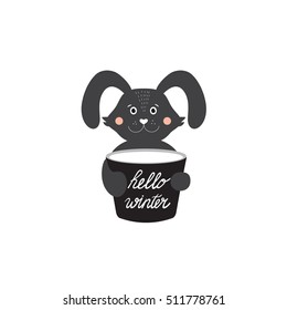 Vector illustration of cute little rabbit with cup of tea. Hello winter hand writing lettering. T-shirt print design.