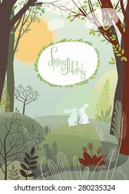 Vector illustration - Cute little rabbits in the spring forest - Easter time