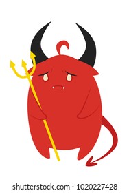 Vector illustration of cute little red devil with sad face standing with pitchfork on white background