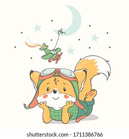 Vector illustration of a cute little red fox wearing flying goggles, dreaming of becoming a pilot.