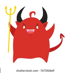 Vector illustration of cute little red devil standing with pitchfork on white background