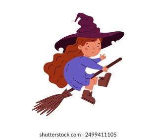 Vector illustration of a cute little red-haired witch girl flying on a broom. Character wearing a wizard's hat on an isolated background. Design element for Halloween celebration.