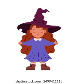 Vector illustration of a cute little red-haired witch girl. A full-length character wearing a wizard's hat with arms outstretched is perfect for Halloween celebrations. Flat style.