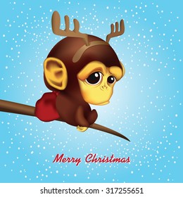 Vector illustration of cute little Santa's deer monkey with gift bag