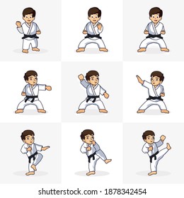 Vector illustration of Cute little set karate boy in karate pose.