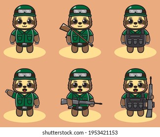 Vector illustration of cute Little Sloth Soldier cartoon set. Good for icon, logo, label, sticker, clipart.