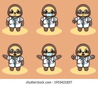 Vector illustration of cute Little Sloth Doctor cartoon set. Good for icon, logo, label, sticker, clipart.