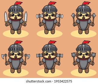 Ilustración vectorial del lindo Pequeño Caballero Sloth con juego de caricaturas de arma doble. Es bueno para el icono, logotipo, etiqueta, pegatina, clipart.