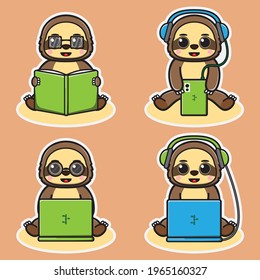 Illustration vectorielle d'un joli jeu de dessins animés Little Sloth Hobby 2. Icône, logo, étiquette, autocollant, clip art.
