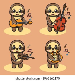 Vector illustration of cute Little Sloth Music cartoon set. Good for icon, logo, label, sticker, clipart.