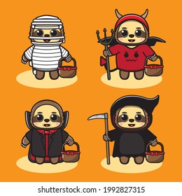 Vector illustration of cute Little Sloth Halloween cartoon set. Mummy, Devil, dracula and Reaper costume set. Good for icon, logo, label, sticker, clipart.