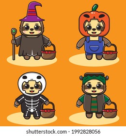Vector illustration of cute Little Sloth Halloween cartoon set. Wizard, Pumpkin, skeleton and Frankenstein costume set. Good for icon, logo, label, sticker, clipart.