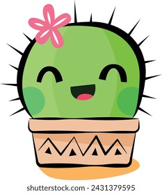 Vektor-Illustration eines niedlichen kleinen lächelnden Kaktus, Pflanze in einem Tontopf, mit Dornen und einer rosa Blume, Design auf transparentem Hintergrund für Gartengeschäft