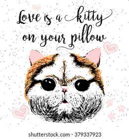 Vector illustration of cute little smiling cat with Love is a kitty on your pillow lettering calligraphy motivational quote. Pet lover greeting card, vintage typography poster, t-shirt print