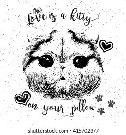 Vector illustration of cute little smiling cat with Love is a kitty on your pillow lettering calligraphy motivational quote. Pet lover greeting card, vintage typography poster, t-shirt print