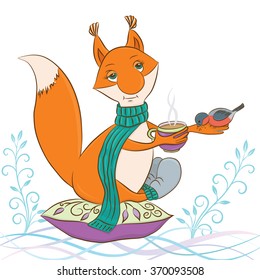 Vector illustration of a cute little squirrel who feed a bird 