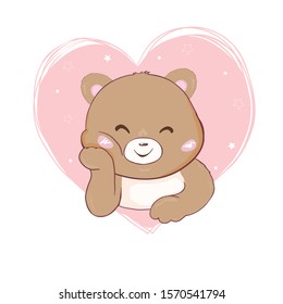 Vector illustration of cute little Teddy bear holding heart.