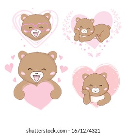 Vector illustration of cute little Teddy bear holding heart.