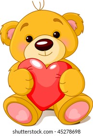 Vector illustration cute little Teddy bear holding red heart 
