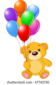 Vector illustration of cute little Teddy bear holding colorful balloons