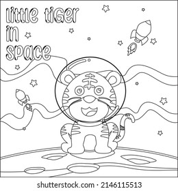 Vector illustration of cute little tiger on the moon. Cartoon isolated vector illustration, Creative vector Childish design for kids activity colouring book or page.